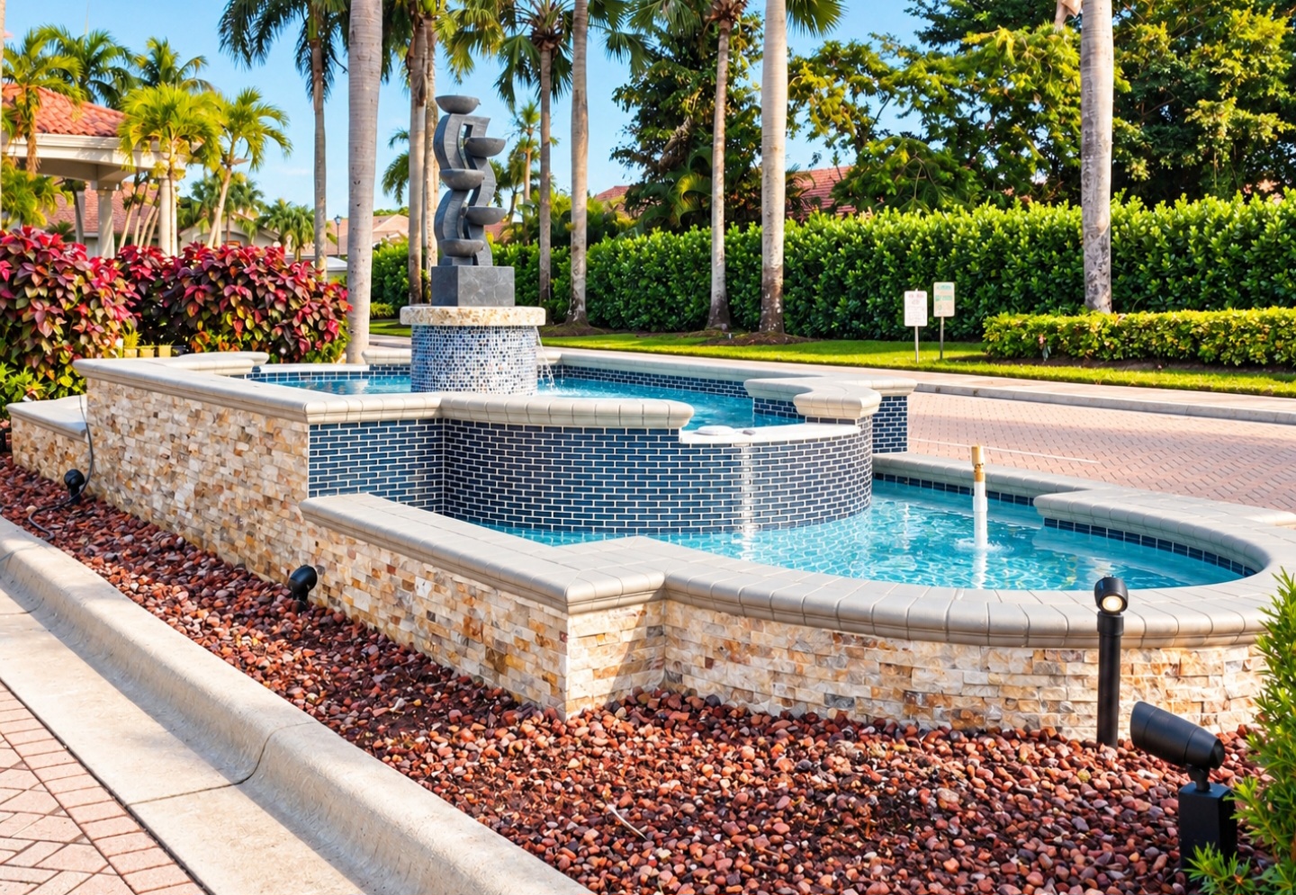 Renovated community fountain with blue tile and stone finish