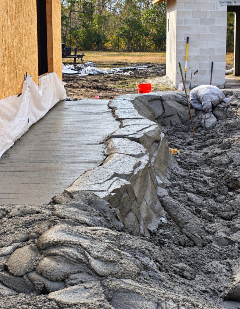 Custom cement rockwork being formed during construction