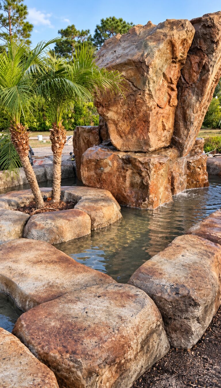 Finished custom rock pond water feature with tropical landscaping