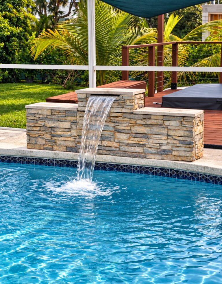 Custom modern stone spillway water feature